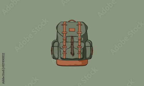 Stylish green backpack with leather straps and buckles.