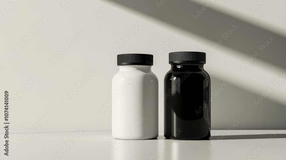Two identical bottles of dietary supplements, one black and one white, arranged on a neutral-colored surface with reflections, for a modern look Two identical bottles of dietary supplements, one black and one white, arranged on a neutral-colored surface with reflections, for a modern look
