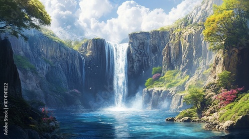 A majestic waterfall cascades down a cliff face into a tranquil lake, surrounded by lush greenery and a bright blue sky.
