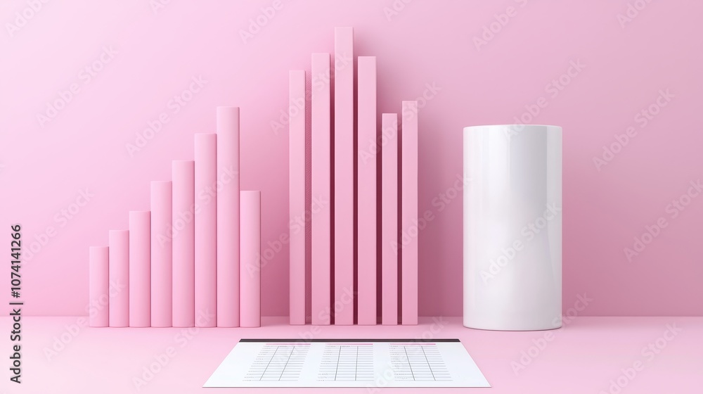 Elegant and Minimalist Pink-Themed Graphs Display on a Soft Background, Featuring Bar Graphs and a Cylinder Alongside a White Chart for Data Visualization Elegant and Minimalist Pink-Themed Graphs Display on a Soft Background, Featuring Bar Graphs and a Cylinder Alongside a White Chart for Data Visualization