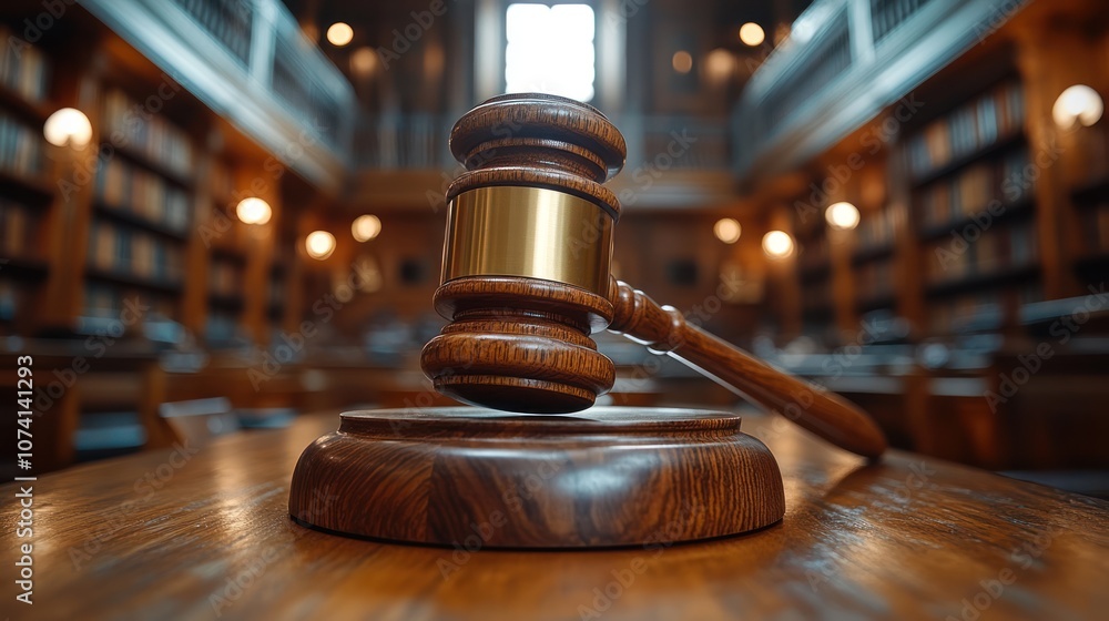 Close-up of a gavel on a wooden table in a courtroom. Close-up of a gavel on a wooden table in a courtroom.