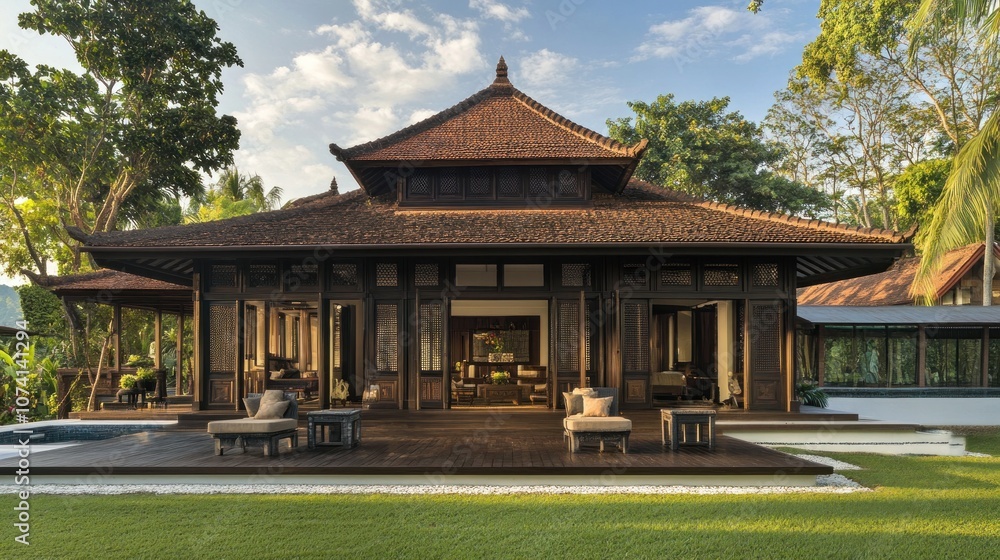 Traditional Asian Wooden House with a View Traditional Asian Wooden House with a View