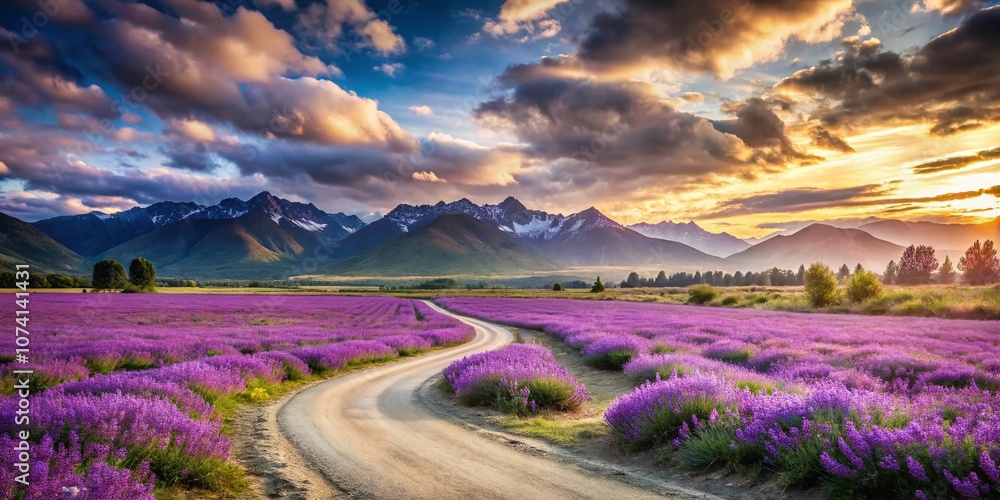 Obraz premium Serene Vintage Landscape of Purple Flower Field with a Winding Road and Majestic Mountains in the Background Capturing Nature's Timeless Beauty