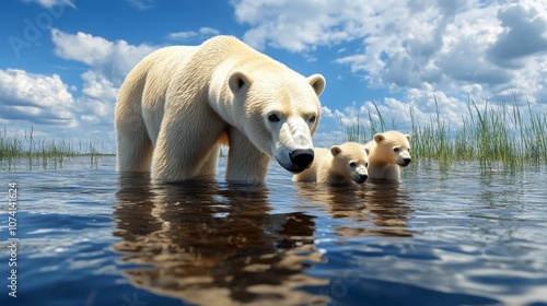 Polar Bear Family in Arctic Water Wildlife Photography Nature Scene