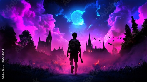 Boy Walking Towards Gothic Castle at Night Fantasy Art Purple Sky Bats