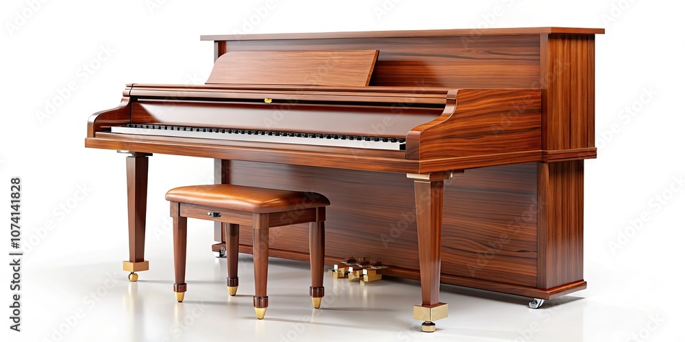 Elegant Wooden Piano on White Background - Modern Musical Instrument Design, High Depth of Field, Sleek Aesthetic, Perfect for Music Lovers, Minimalist Decor, Home Interior Inspiration