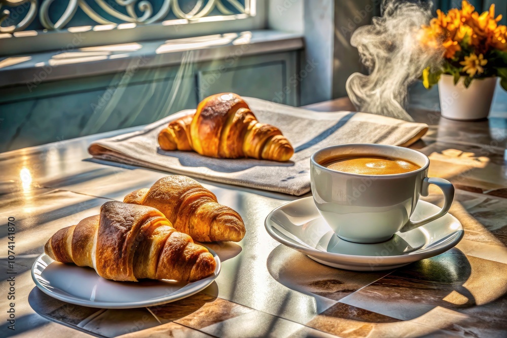 Morning Coffee and Croissants on a Marble Table with Newspaper - Cozy Breakfast Scene, Fresh Pastries, Classic Coffee, Modern Kitchen, Relaxed Mornings, Weekend Vibes, Culinary Comfort Morning Coffee and Croissants on a Marble Table with Newspaper - Cozy Breakfast Scene, Fresh Pastries, Classic Coffee, Modern Kitchen, Relaxed Mornings, Weekend Vibes, Culinary Comfort