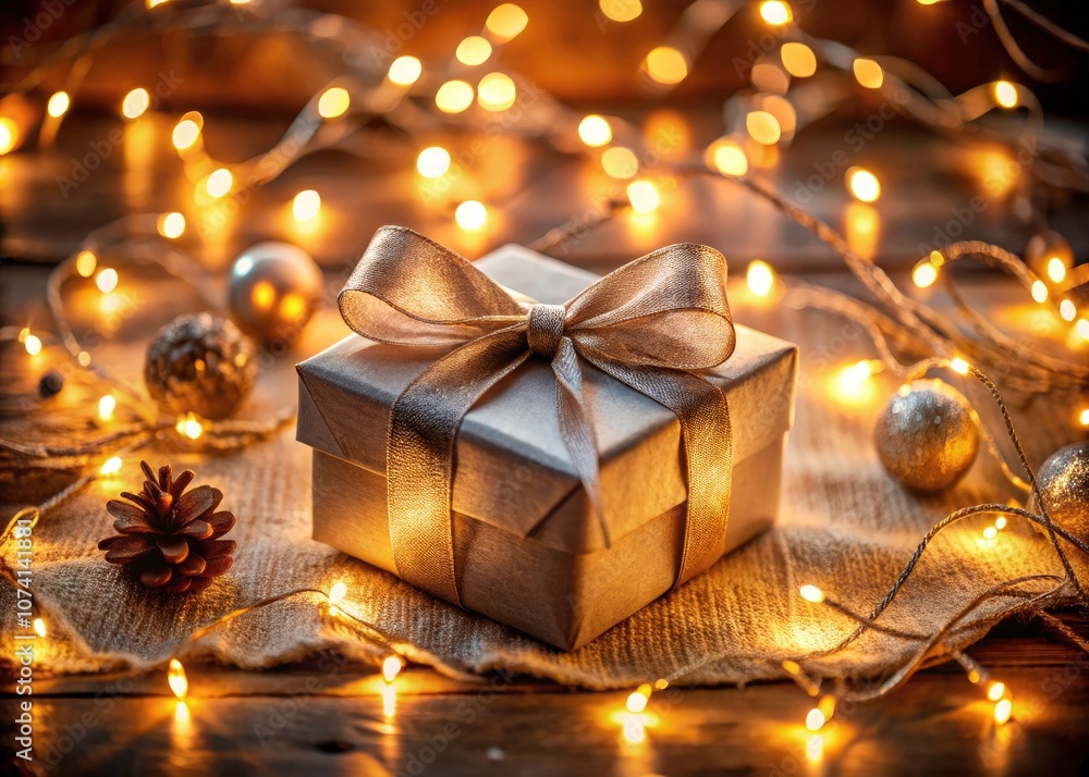 Enchanting Gift Box Surrounded by Warm Fairy Lights for Cozy Food Photography Enchanting Gift Box Surrounded by Warm Fairy Lights for Cozy Food Photography