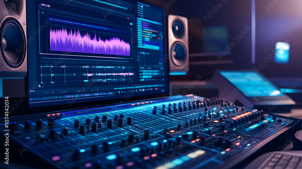 Fototapeta premium Professional music studio setup with computer screen displaying audio waveforms, mixing console, and studio monitors, highlighting a creative space.