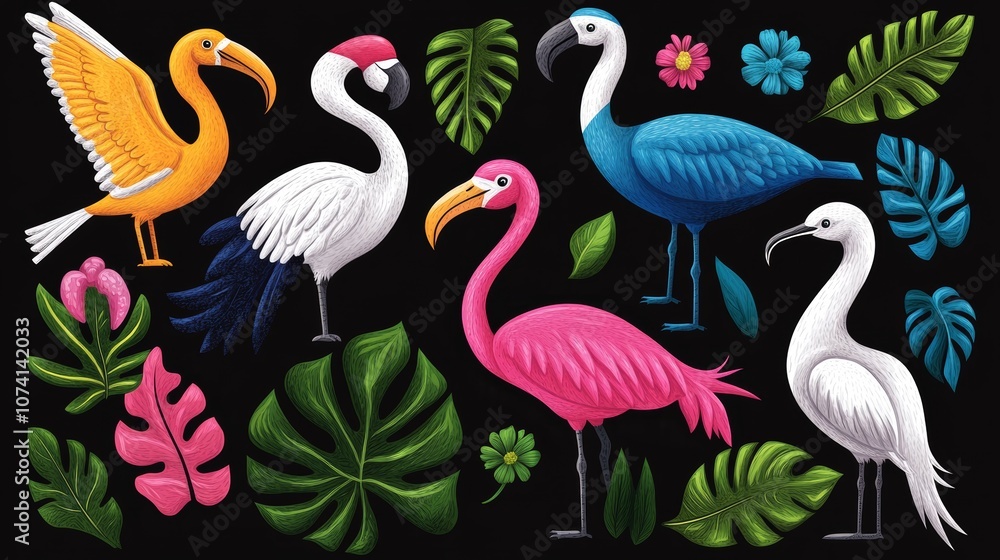 Obraz premium Tropical Birds Flowers Embroidery Design Colorful Flamingo Toucan Ibis Bird Illustration