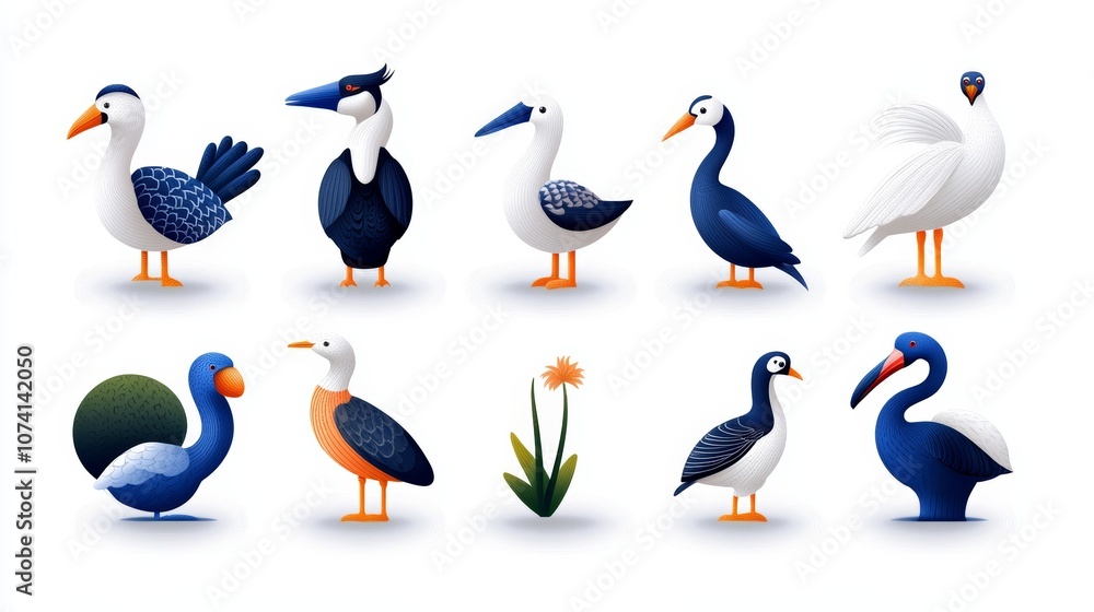 Obraz premium Diverse Collection of Stylish Blue White Birds Illustration