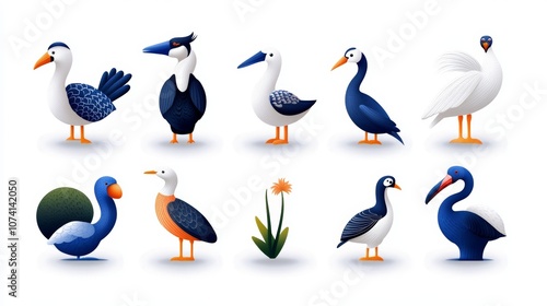 Diverse Collection of Stylish Blue White Birds Illustration photo