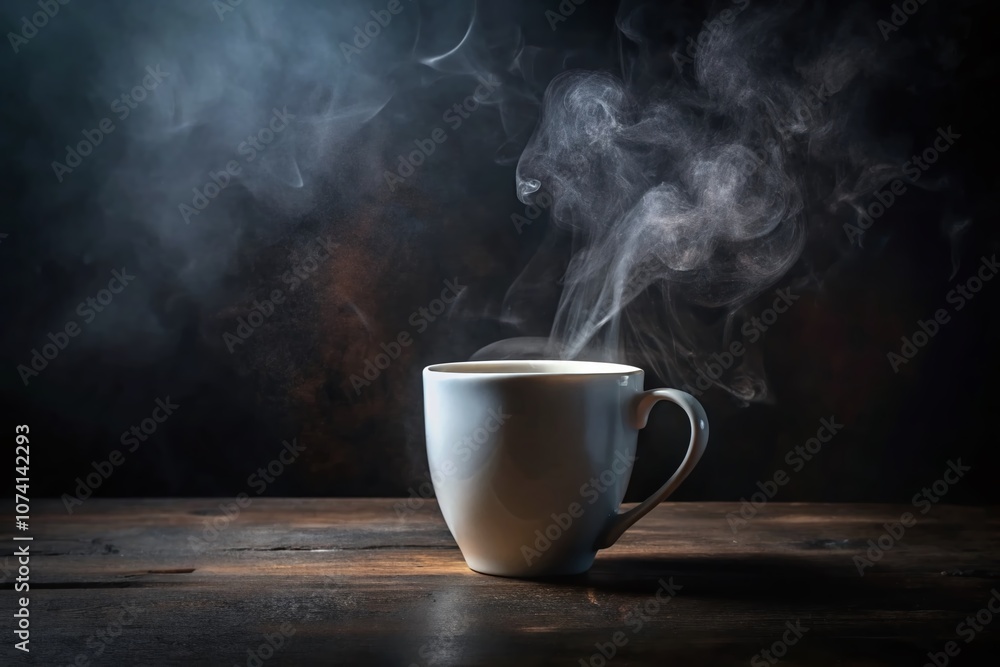 Serene White Mug with Rising Steam on Dark Surface, Evoking Calmness and Tranquility in a Minimalist Setting for Coffee Lovers and Cozy Moments Serene White Mug with Rising Steam on Dark Surface, Evoking Calmness and Tranquility in a Minimalist Setting for Coffee Lovers and Cozy Moments