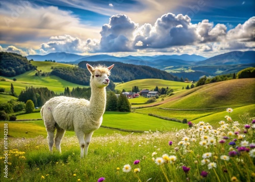 Serene White Alpaca Grazing on a Lush Farm Landscape Surrounded by Rolling Hills and Colorful Wildflowers, Perfect for Urban Exploration Photography Enthusiasts