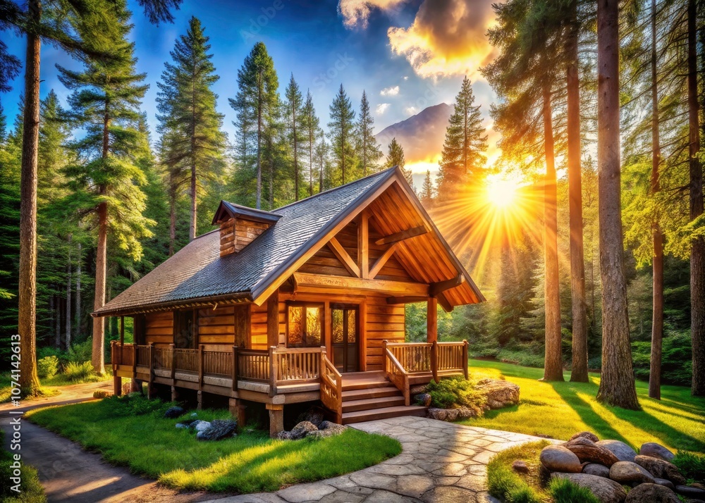 Freshly Built Log Cabin in Forest with Sunlight Streaming Through Large Windows, Capturing the Essence of Cozy Living in Nature's Embrace Freshly Built Log Cabin in Forest with Sunlight Streaming Through Large Windows, Capturing the Essence of Cozy Living in Nature's Embrace