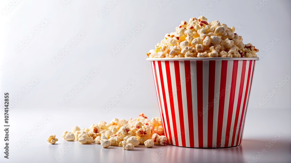 Freshly Popped Popcorn in Classic Red and White Stripe Bucket on White Background - Perfect for Movie Night, Snacks, Parties, and More Freshly Popped Popcorn in Classic Red and White Stripe Bucket on White Background - Perfect for Movie Night, Snacks, Parties, and More