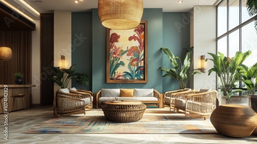 Tropical Relaxation Lounge with Wicker Furniture photo