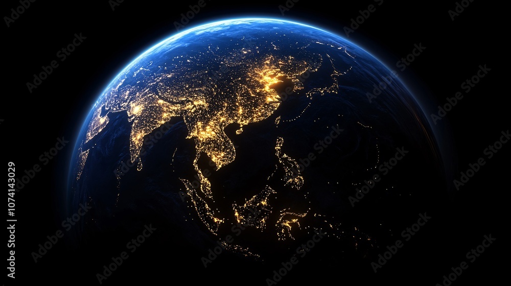 Obraz premium A breathtaking orbital view of Earth, its curvature aglow with the shimmering lights of Asian metropolises, Vast constellations of human activity paint the night side in hues of gold and electric