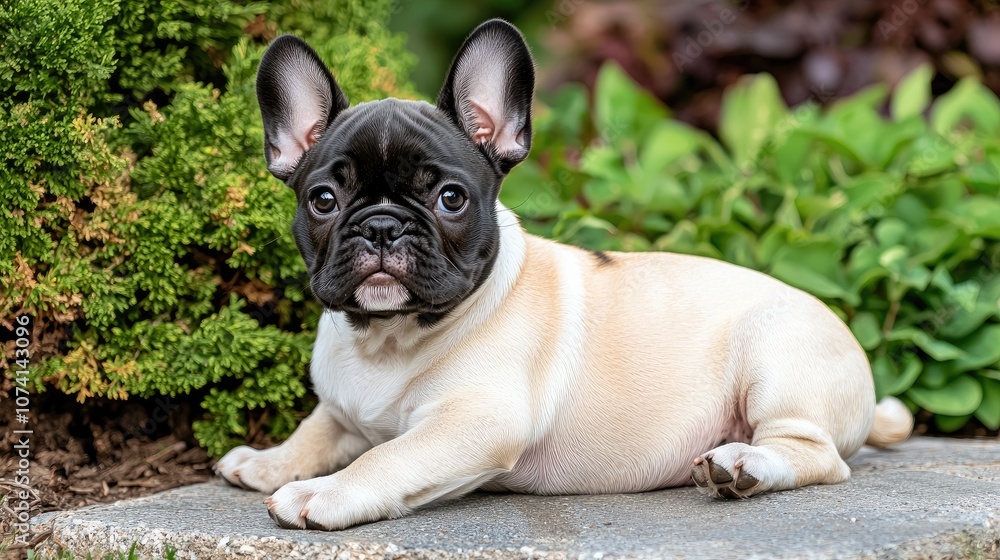 Adorable french bulldog puppy relaxing in a lush garden setting Adorable french bulldog puppy relaxing in a lush garden setting