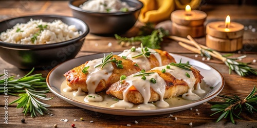 Homemade Chicken with White Sauce and Rosemary Served on a Classic Plate in a Cozy Kitchen - Comfort Food Delight with White Rice