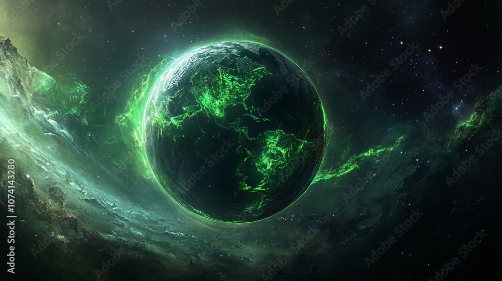 Obraz premium An ethereal fantasy Earth hovers in the cosmic void, its continents reimagined with bioluminescent forests and crystalline seas, Gossamer rings of stardust encircle the planet, while aurora-like