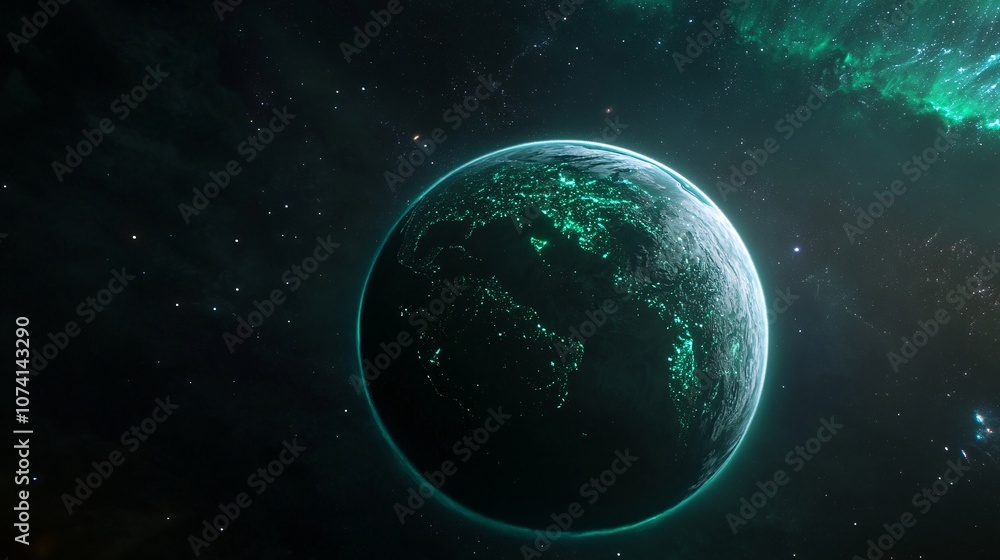 Fototapeta premium An ethereal fantasy Earth hovers in the cosmic void, its continents reimagined with bioluminescent forests and crystalline seas, Gossamer rings of stardust encircle the planet, while aurora-like