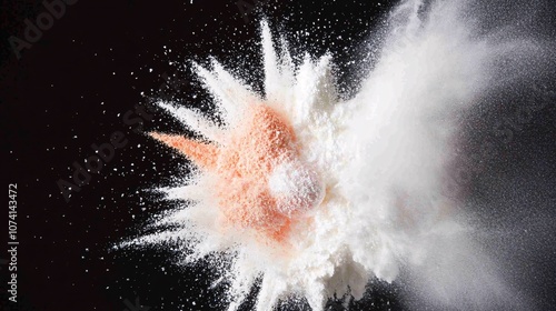 A kaleidoscopic explosion of vibrant powder particles frozen in mid-air, creating ephemeral sculptures of color, Each microscopic grain catches the light, forming a mesmerizing cloud against an photo