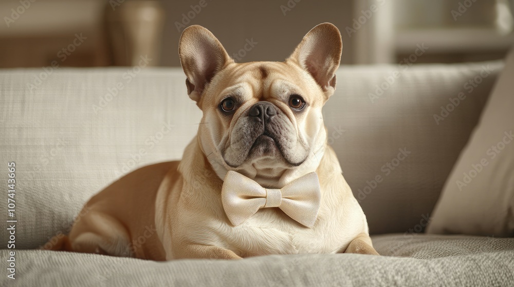 Charming french bulldog dressed elegantly with bow tie sits comfortably on cozy couch Charming french bulldog dressed elegantly with bow tie sits comfortably on cozy couch