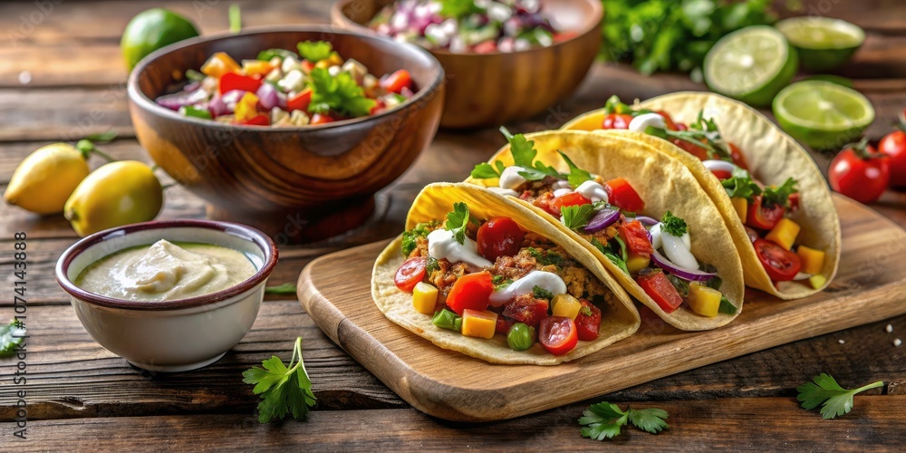 Minimalist Close-up of Tacos with Salsa and Sour Cream on Rustic Wooden Surface – Gourmet Food Photography Minimalist Close-up of Tacos with Salsa and Sour Cream on Rustic Wooden Surface – Gourmet Food Photography