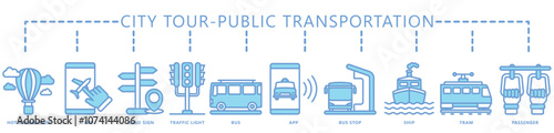 City tour, public transportation dual tone icon banner. contain tram, air balloon, traffic lights, ship, bus, app, passenger and more. Vector EPS 10. for print, UI or UX kit, web and app development.