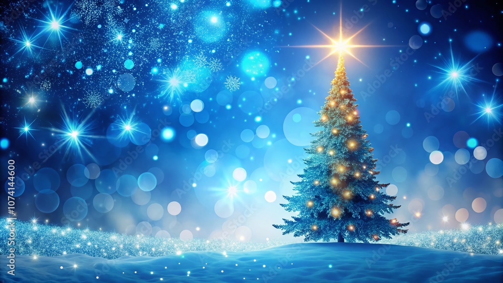 Sparkling Christmas Tree Silhouette with Falling Snowflakes on a Blue Winter Background - Perfect for Holiday Greetings and Seasonal Decor Sparkling Christmas Tree Silhouette with Falling Snowflakes on a Blue Winter Background - Perfect for Holiday Greetings and Seasonal Decor