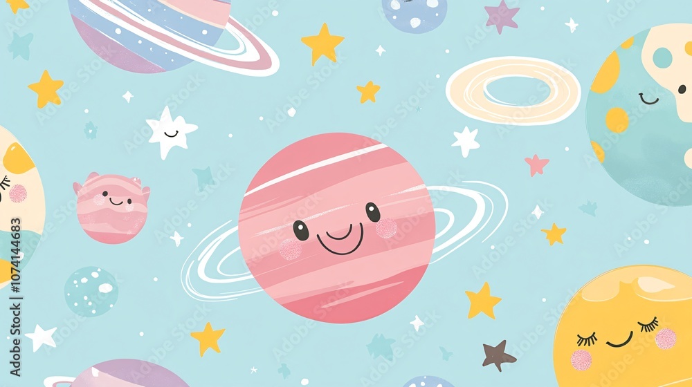 Fototapeta premium A whimsical collection of space-themed patterns tailored for children's textiles, bursting with kawaii charm, Adorable planets with smiley faces, cuddly alien creatures, and twinkling stars create a