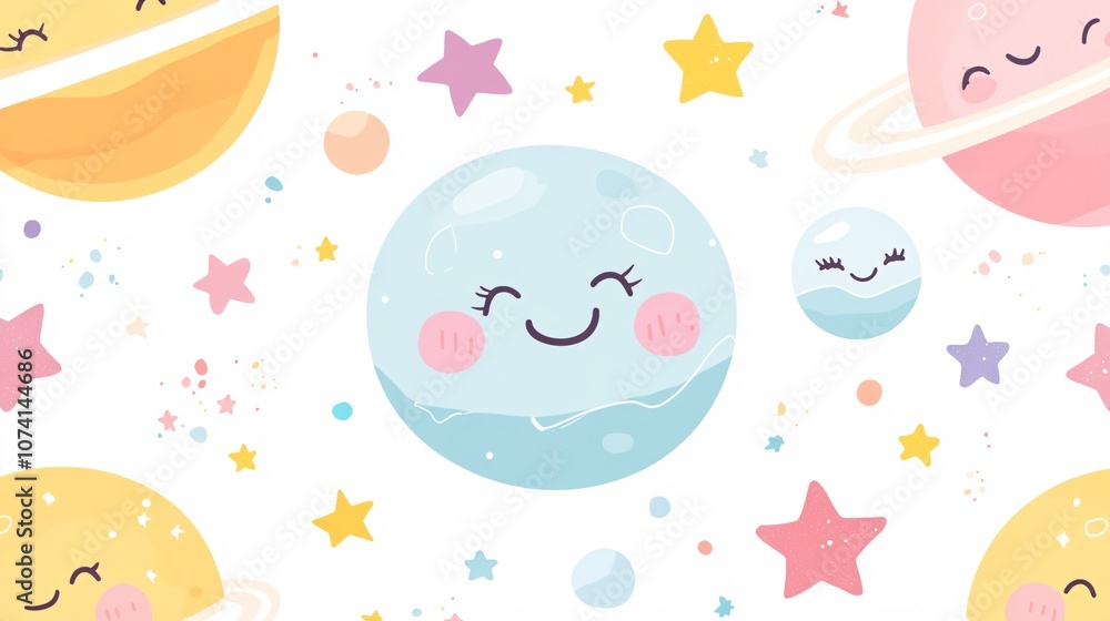 A whimsical collection of space-themed patterns tailored for children's textiles, bursting with kawaii charm, Adorable planets with smiley faces, cuddly alien creatures, and twinkling stars create a A whimsical collection of space-themed patterns tailored for children's textiles, bursting with kawaii charm, Adorable planets with smiley faces, cuddly alien creatures, and twinkling stars create a