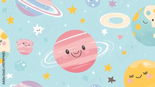 A whimsical collection of space-themed patterns tailored for children's textiles, bursting with kawaii charm, Adorable planets with smiley faces, cuddly alien creatures, and twinkling stars create a