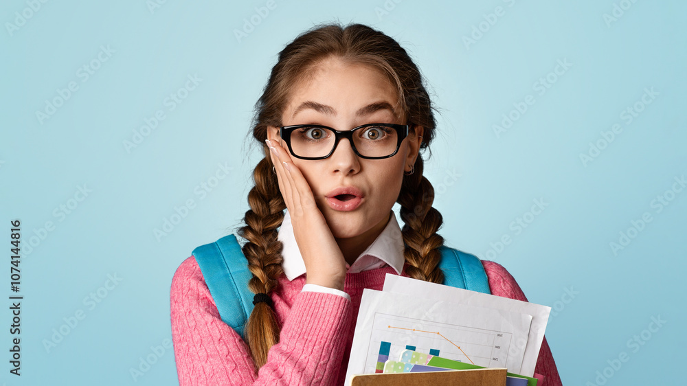 It is happens. Shocked girl teenager in glasses presses her hand to cheek and holds notebooks, close up, studio shot It is happens. Shocked girl teenager in glasses presses her hand to cheek and holds notebooks, close up, studio shot