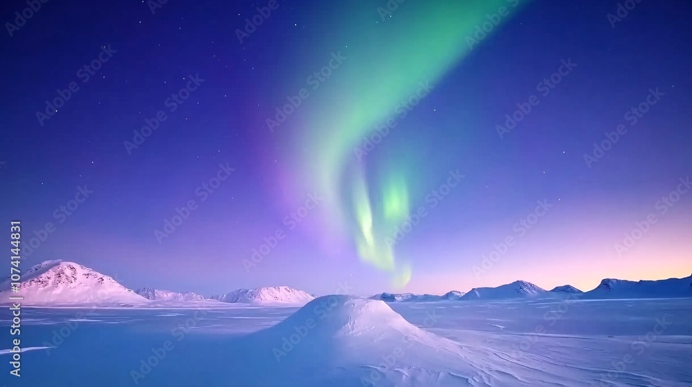 A breathtaking Arctic panorama where the Aurora Borealis paints the night sky in ethereal greens and purples, Pristine snow-covered landscape reflects the celestial light show, creating a magical A breathtaking Arctic panorama where the Aurora Borealis paints the night sky in ethereal greens and purples, Pristine snow-covered landscape reflects the celestial light show, creating a magical