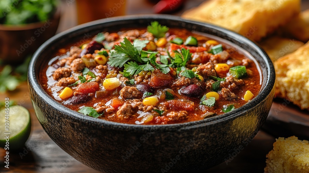 A hearty bowl of chili topped with cilantro and served with cornbread. A hearty bowl of chili topped with cilantro and served with cornbread.