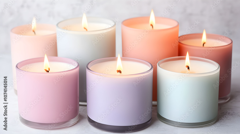 Seven pillar candles in shades of pink, purple, and gray, all lit and glowing warmly against a white background, creating a soothing ambiance. Seven pillar candles in shades of pink, purple, and gray, all lit and glowing warmly against a white background, creating a soothing ambiance.