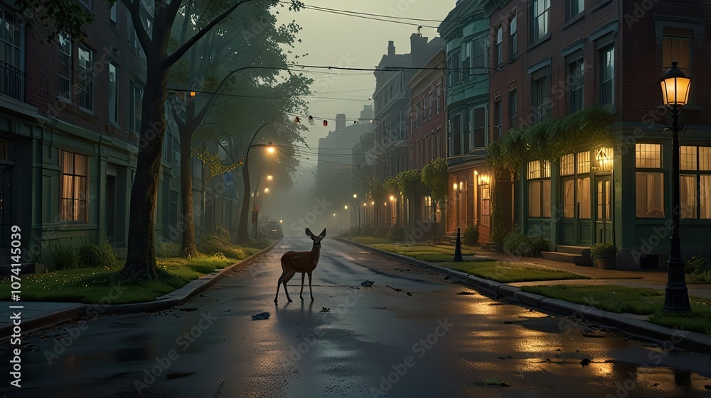 A lone deer stands on a quiet street beneath a misty twilight sky flanked by historic buildings and glowing street lamps A lone deer stands on a quiet street beneath a misty twilight sky flanked by historic buildings and glowing street lamps