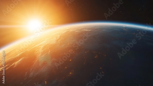 A majestic sunrise seen from orbit, as golden sunlight crests Earth's curved horizon, The planet's atmosphere glows with a spectrum of colors, from deep indigo to brilliant orange, This breathtaking