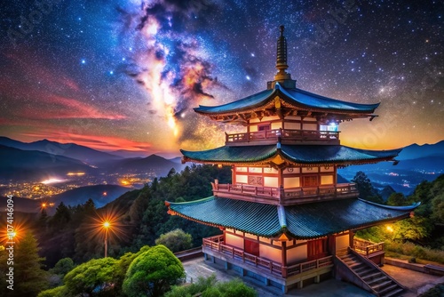 Stunning Aerial View of a Serene Japanese Temple Surrounded by the Vastness of Space, Blending Traditional Architecture with Cosmic Elements for a Unique Visual Experience