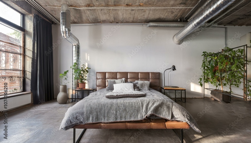 Industrial Bedroom with Metal Bed Frame, Concrete Flooring, and Exposed Pipes Industrial Bedroom with Metal Bed Frame, Concrete Flooring, and Exposed Pipes