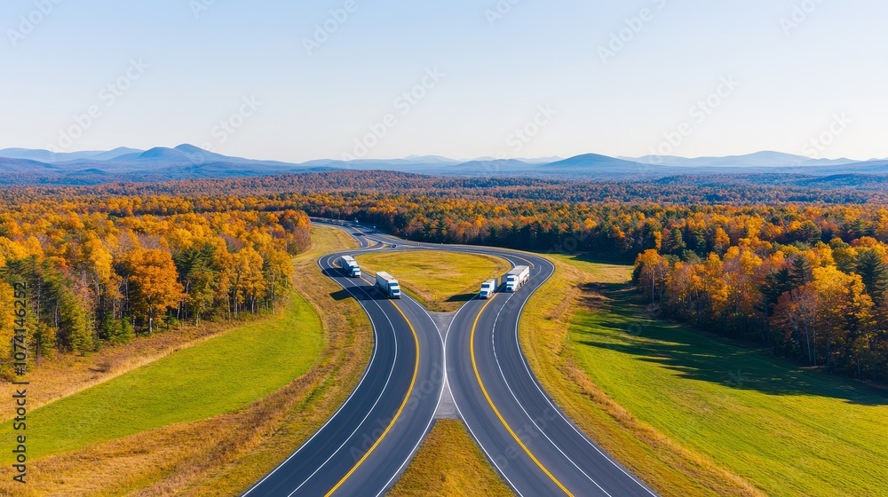 From an aerial view, trucks and cars are driving on the intersecting highway, and the clear blue sky is visible. Deep depth of field, showcasing busy roads and vehicles from the perspective of drones. From an aerial view, trucks and cars are driving on the intersecting highway, and the clear blue sky is visible. Deep depth of field, showcasing busy roads and vehicles from the perspective of drones.