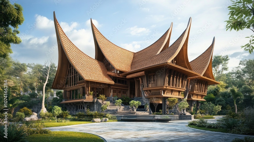 Fototapeta premium Traditional Wooden House with Curved Roofs