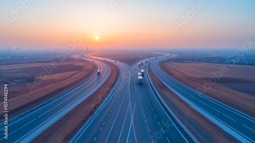 From an aerial view, trucks and cars are driving on the intersecting highway, and the clear blue sky is visible. Deep depth of field, showcasing busy roads and vehicles from the perspective of drones.