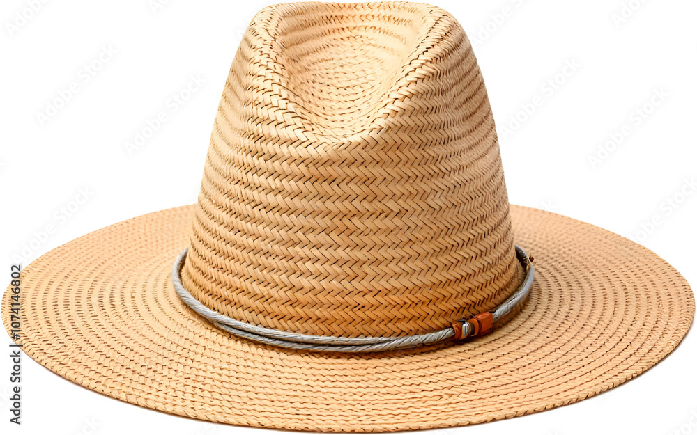 Straw hat featuring a wide brim and a decorative band, ideal for sun protection and outdoor activities, showcasing a traditional design made from natural materials.