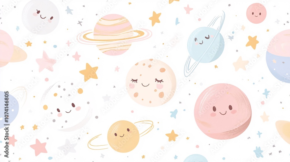 Cute doodle space set, whimsical hand-drawn planets and stars, kawaii faces on celestial bodies, pastel Scandinavian color palette, playful constellation patterns, childlike energy, sketchy style, Cute doodle space set, whimsical hand-drawn planets and stars, kawaii faces on celestial bodies, pastel Scandinavian color palette, playful constellation patterns, childlike energy, sketchy style,