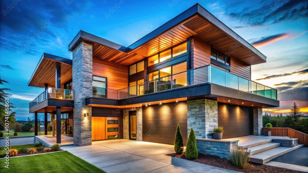 Fototapeta premium Modern Two-Story House with Wooden Accents Under Blue Sky - Contemporary Architecture, Spacious Design, Macro Photography, Home Exterior, Stylish Living Space, Architectural Features