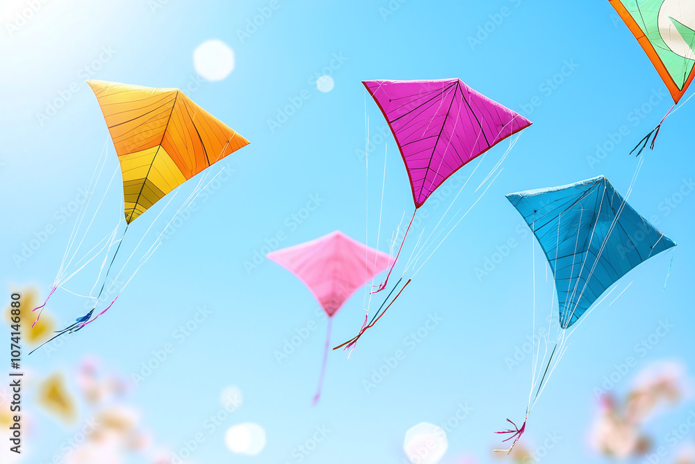 vibrant kites flying high against a clear summer sky. vibrant kites flying high against a clear summer sky.