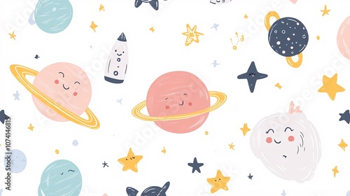 Cute doodle space set, whimsical hand-drawn planets and stars, kawaii faces on celestial bodies, pastel Scandinavian color palette, playful constellation patterns, childlike energy, sketchy style,